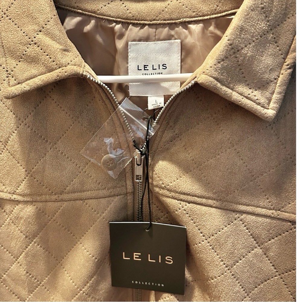LE LIS Diamond Quilted Suede Front Zipper Collared Jacket - Picture 4 of 7